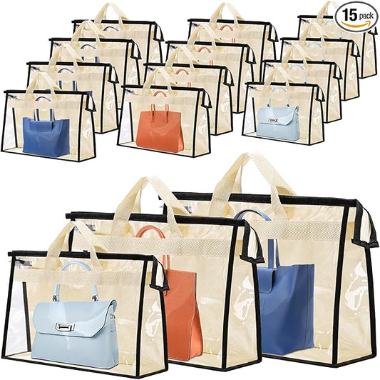 15 PCS Dust Bags for Handbags,Purse Protector Storage Bag,Purse Cover Hanging Closet Organizer with Zipper Handle,Clear Handb
