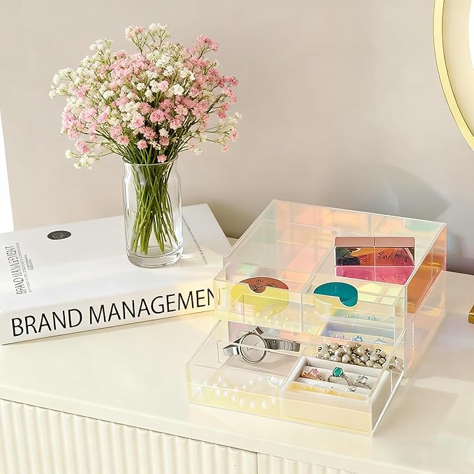 AZY Rainbow Acrylic Earring Organizer 2-Tier 3-Drawer with 6 Compartments, Multi-Purpose Vanity Countertop Organizer, Velvet 
