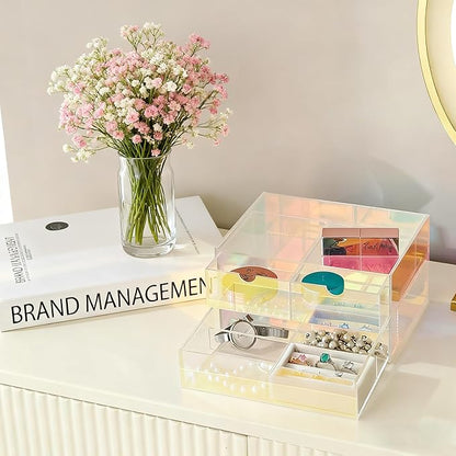 AZY Rainbow Acrylic Earring Organizer 2-Tier 3-Drawer with 6 Compartments, Multi-Purpose Vanity Countertop Organizer, Velvet 