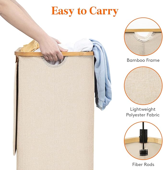 Lifewit 100L Laundry Basket with Lid, Clothes Hampers for Laundry with Bamboo Handles and 1 Removable Bag, Large Foldable Lau