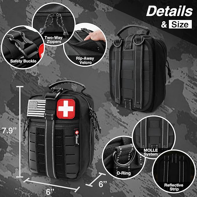 Survival First Aid Kit with Israeli Bandage, Chest Seal, Tourniquet, Splint, Tactical Military Combat Molle IFAK for Wound Ca