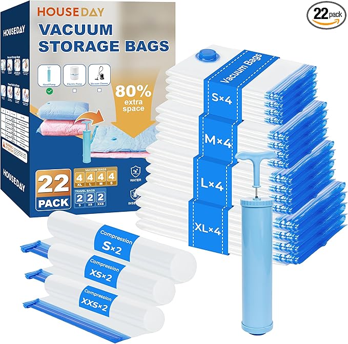 HOUSE DAY 22 Pack Vacuum Storage Bags with Pump,Space Saving Vacuum Seal Bags For Clothing Travel,4 Jumbo/4 Large/4 Medium/4 