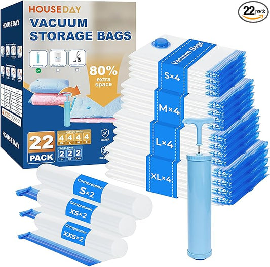 HOUSE DAY 22 Pack Vacuum Storage Bags with Pump,Space Saving Vacuum Seal Bags For Clothing Travel,4 Jumbo/4 Large/4 Medium/4 