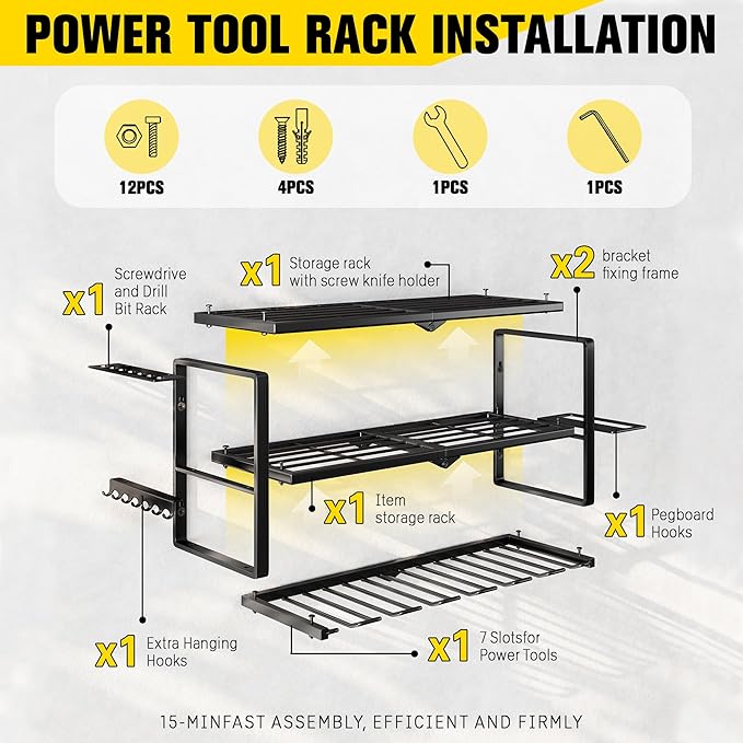 Hipidian Heavy Duty Power Tool Organizer Wall Mount - 300lb Capacity 3-Tier Storage Rack with 7 Drill Holders for Garage Work