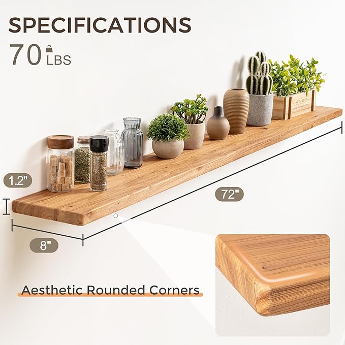 Fun Memories 72 Inch Floating Shelves for Wall, Rustic Solid Elm Wood Shelves for Home Decor, 8 Inch Deep Floating Shelf Wall
