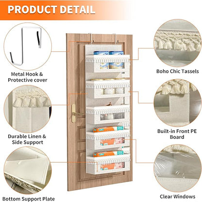 Aokeyee 5 Tier Over The Door Organizer Storage Nursery, Boho Door Organizer Hanging with Tassels and Clear Window, 65lb Behin
