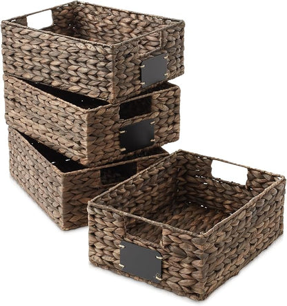 Casafield Set of 4 Water Hyacinth Pantry Baskets, 10" x 13" x 5", with Chalkboard Labels and Chalk Marker - Espresso, Woven S