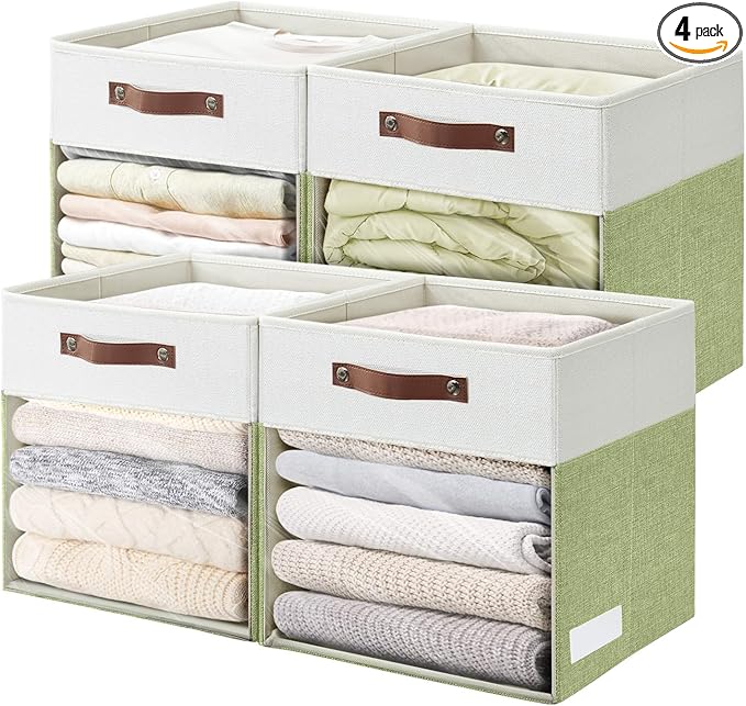 Bagnizer Storage Cubes, 4 Pack Linen Foldable Storage Bins (13 x 13 inch) with Clear Window and Handles, Fabric Organizer for
