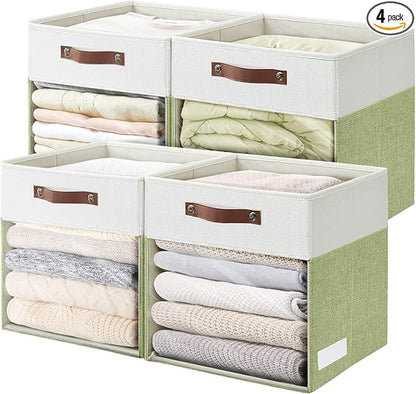 Bagnizer Storage Cubes, 4 Pack Linen Foldable Storage Bins (13 x 13 inch) with Clear Window and Handles, Fabric Organizer for