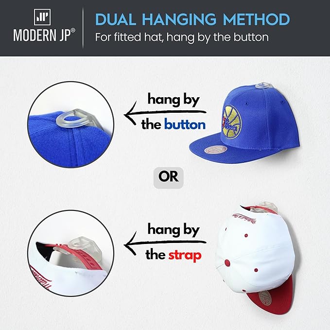 Modern JP Adhesive Hat Hooks for Wall (16-Pack) - Hat Rack for Baseball Caps, Minimalist Hat Display, Strong Hold Hat Hangers