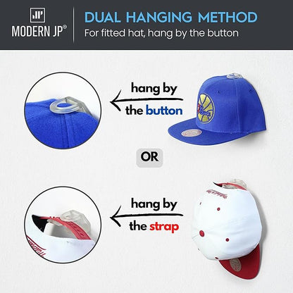 Modern JP Adhesive Hat Hooks for Wall (16-Pack) - Hat Rack for Baseball Caps, Minimalist Hat Display, Strong Hold Hat Hangers