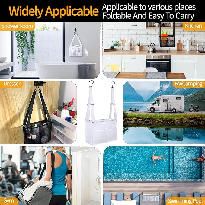 4 Storage Pockets Adjustable Hanging Mesh Bathroom Bag, Shower Caddy College with Hooks, Applied to College Dorm Rooms, Gym, 