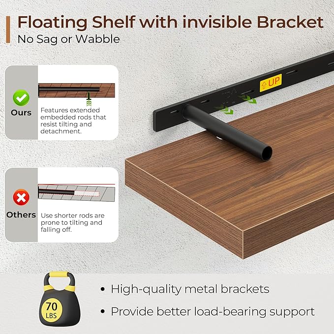 Fun Memories Floating Shelves for Wall 30 Inch Set of 3, Farmhouse Floating Shelves with Invisible Heavy Duty Bracket, 10 Inc
