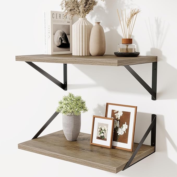 Floating Shelves for Wall,18" Wall Mounted Shelves Set of 2,Wood Floating Shelf with Bracket,Sturdy Metal Bracket Bookshelves