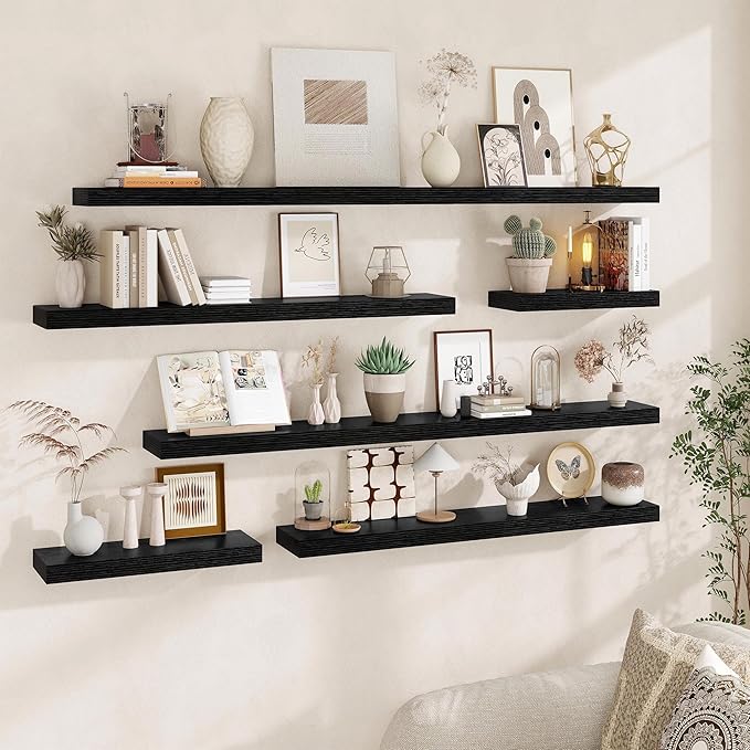 Fun Memories 60 Inch Fireplace Mantel - Long Floating Shelf, Wall Mounted Farmhouse Display with Invisible Heavy Duty Metal B