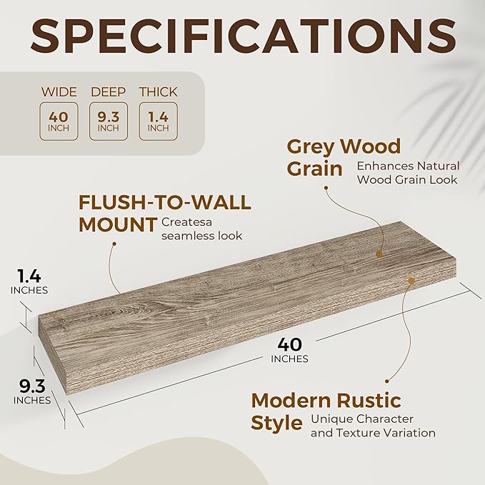 Dreamland 40 Inches Floating Shelves for Wall,9.3 Inch Deep Floating Shelves Set of 2, Large Display & Storage Shelf, Wall Sh