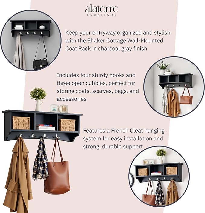 Shaker Cottage Wall-Mounted Coat Rack with 3 Storage Cubbies and 4 Coat Hooks – 36" W x 9" D x 14" H Space-Saving Entryway Or