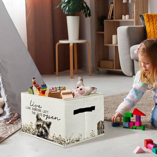 Rustic Raccoon Storage Bins & Boxes with Handles, Farmhouse Raccoon Foldable Basket for Organizing, Live Like Someone Left th