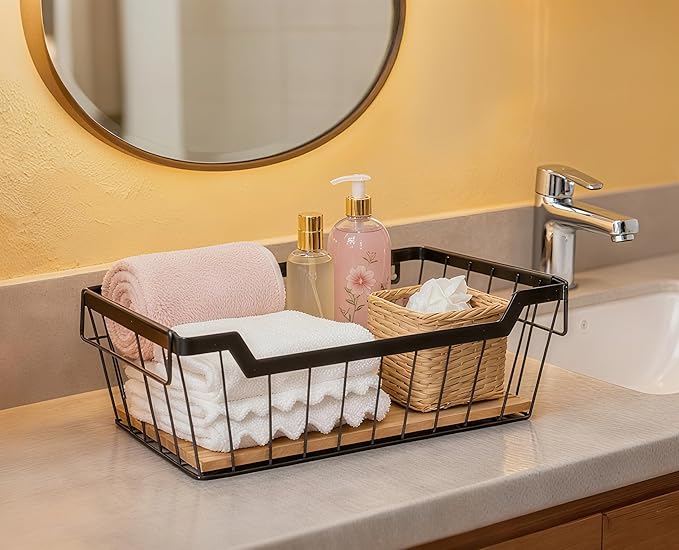 ShabbyDecor Metal Wire Basket with Handles Storage Organizer Stackable Organizing bin for Cabinet Shelf Countertop Under Sink