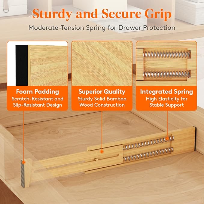 Lifewit 2.4" High 8 Pack Bamboo Drawer Dividers 33-42cm/13-16.5" Adjustable Wooden Drawer Organizer for Clothes/Utensils, Exp
