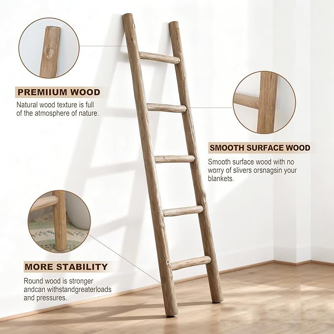 Wooden Blanket Ladder Natural & Motley Wood - Leaning Wall Decor for Bedroom, Bathroom, Living Room - Rustic Quilt Holder & T