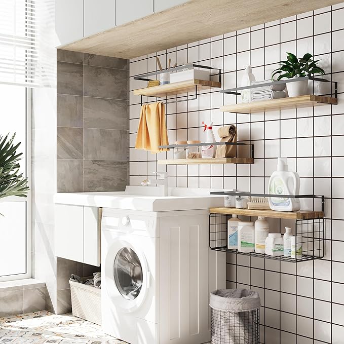 Wood Floating Shelves Wall Mounted - 4+1 Tier Rustic Bathroom Wall Shelves Over Toilet with Wire Storage Basket and Towel Bar