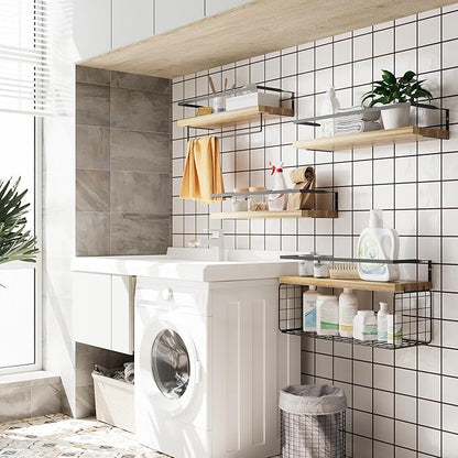 Wood Floating Shelves Wall Mounted - 4+1 Tier Rustic Bathroom Wall Shelves Over Toilet with Wire Storage Basket and Towel Bar