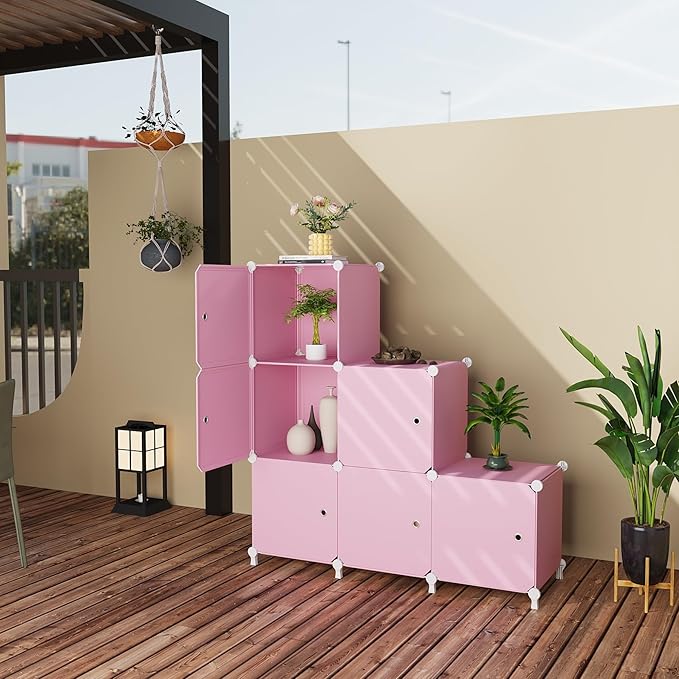 Cube Storage Organizer, 6-Cube Shelves Unit with Doors, DIY Stackable Plastic Clothes Organizer for Bedroom and Under Stairs 