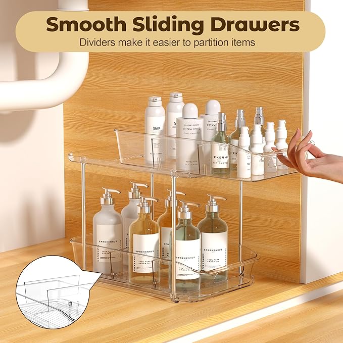 incostar 2 Tier Pull-Out Organizer for Bathroom Kitchen, Under Sink Storage with Dividers, Ideal for Cabinet, Cupboard Organi