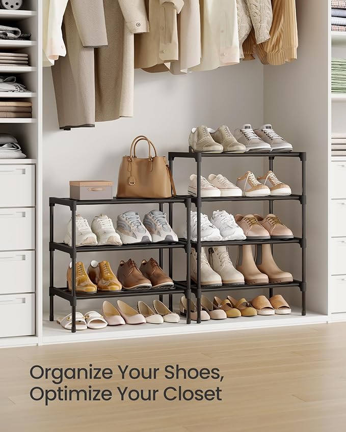 SONGMICS 3-Tier Shoe Rack for Closet, Compact Metal Shoe Organizer Shelf for Entryway, Bedroom, Small Spaces, Stackable, 11.8