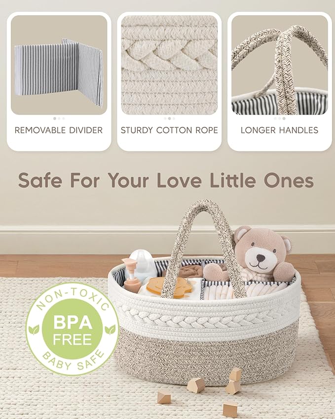 Maliton Extra Large Diaper Caddy Organizer, Cotton Rope Nursery Basket, Portable Organizer for Changing Table, Car, Diaper St