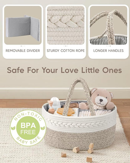 Maliton Extra Large Diaper Caddy Organizer, Cotton Rope Nursery Basket, Portable Organizer for Changing Table, Car, Diaper St
