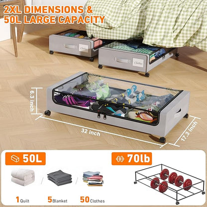 Under Bed Storage with Wheels, 2-Pack Under Bed Storage Containers with Clear Lids, XXL 60L Under the bed storage Organizer B