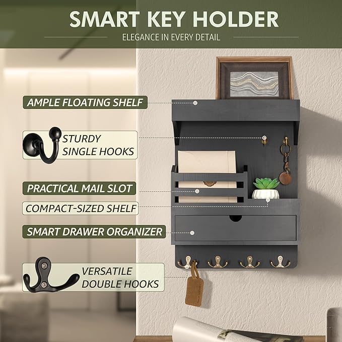 Rebee Vision Modern Key Holder Wall Mount with Drawer Organizer - Pine Wood Mail and Key Organizer with 6 Keys Hooks and Floa