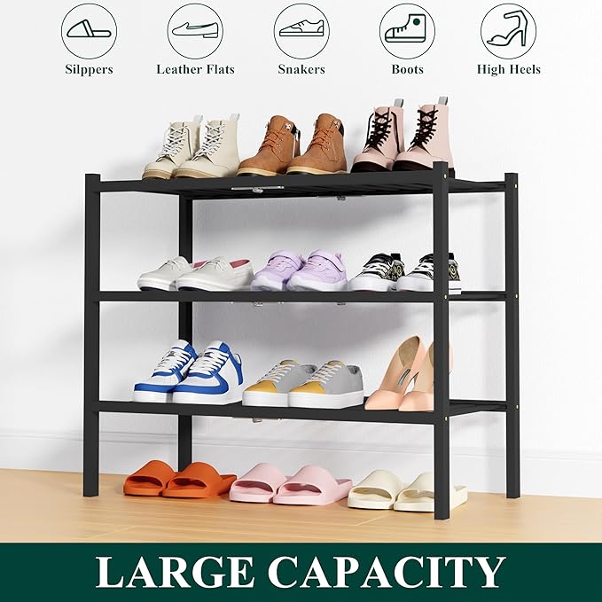 Smiry Shoe Rack, 3 Tier Thick Bamboo Shoe Organizer, Stackable Free Standing Wooden Shoe Storage Shelf for Closet, Entryway, 