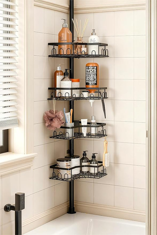 Corner Shower Caddy Tension Pole - 4-Tier Shower Corner Shelf for Bathtub Bathroom Shower Organizer - Adjustable 34in-120in, 