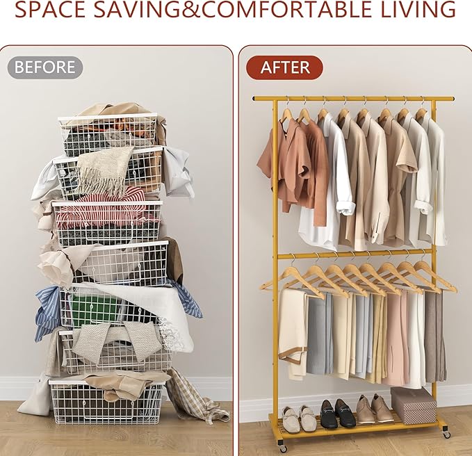 Sywhitta Double Rod Clothing Garment Rack, Rolling Coat Hanger with Bottom Mesh, Clothing Rack for Hanging Clothes, Coats, Sk