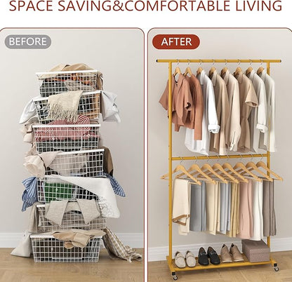 Sywhitta Double Rod Clothing Garment Rack, Rolling Coat Hanger with Bottom Mesh, Clothing Rack for Hanging Clothes, Coats, Sk