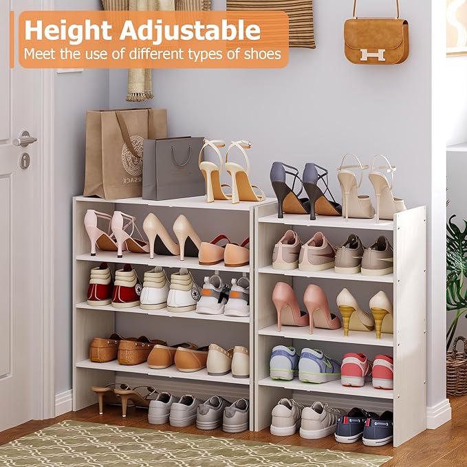 X-cosrack 2 Pack 2-Tier Shoe Rack Organizer for Closet, Expandable and Adjustable White Shoe Rack, Stackable Iron Wood Combin