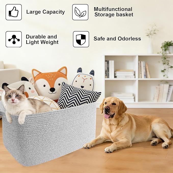 65L Large Blanket Basket,21"x16"x12" Rectangle Storage Bin with Handles,Woven Rope Laundry Basket for Toys, Clothes,Pillows,M