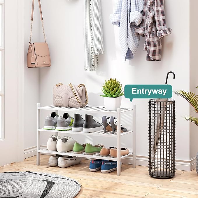 viewcare White Shoe Rack, 3-Tier Bamboo Wood Shoe Rack for Closet, Entryway & Hallway, and Stackable Shoe Shelf Storage Organ