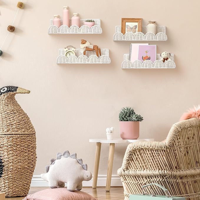 Pinkunn 4 Pcs Nursery Book Shelves 15.8 Inch Rattan Scalloped Floating Bookshelves Wicker Boho Book Shelf for Wall Mounted De