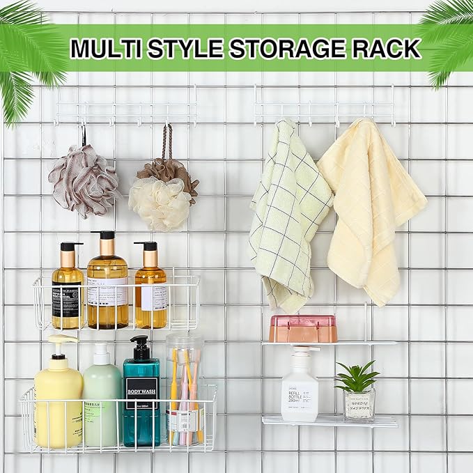 Yaocom 12 Pcs Wall Grid Hanging Basket Shelf Hooks Set bulk Grid Wall Accessories Includes 4 Basket 4 Wire Straight Shelf and