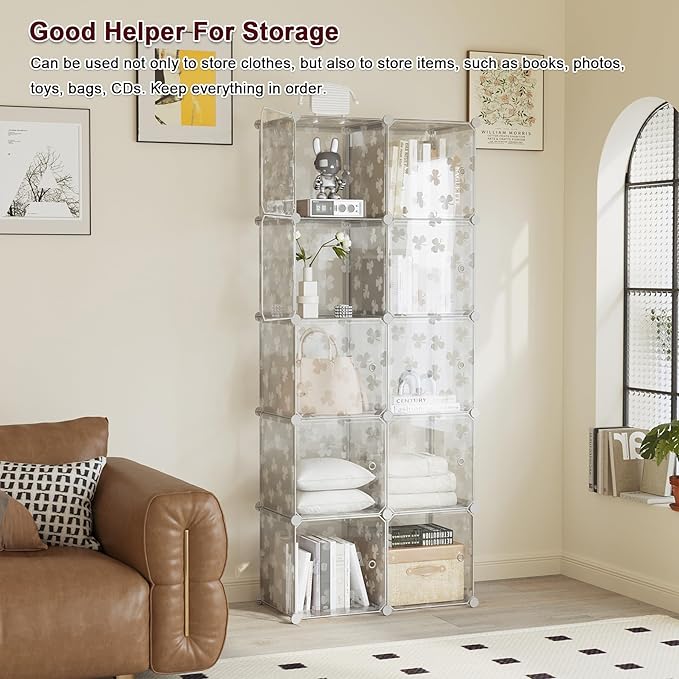 C&AHOME Cube Storage Organizer with Doors, 10-Cube Shelves, DIY Plastic Modular Bookshelf, Closet Clothes Storage Shelving Id