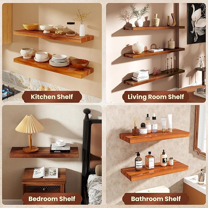 48 Inch Solid Wood Floating Shelf - 100% Solid Teak Wood Wall Shelf with Invisible Brackets - Waterproof Natural Wood Shelves