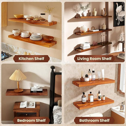 48 Inch Solid Wood Floating Shelf - 100% Solid Teak Wood Wall Shelf with Invisible Brackets - Waterproof Natural Wood Shelves