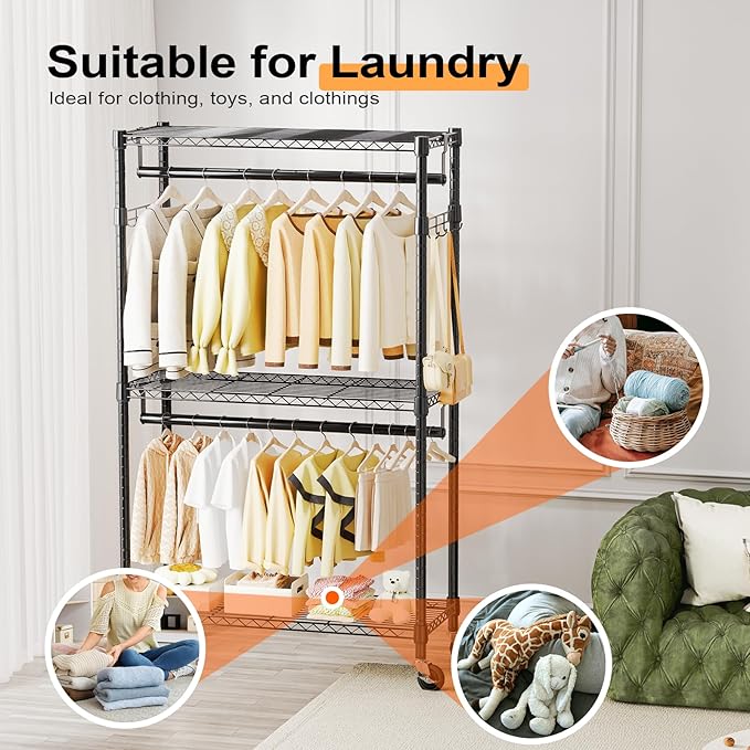 M MZG Heavy Duty Rolling Garment Rack 3 Tiers Adjustable Wire Shelving Clothes Rack with 2 Rods and Side Hooks,Storage Closet
