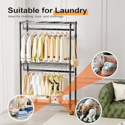 M MZG Heavy Duty Rolling Garment Rack 3 Tiers Adjustable Wire Shelving Clothes Rack with 2 Rods and Side Hooks,Storage Closet