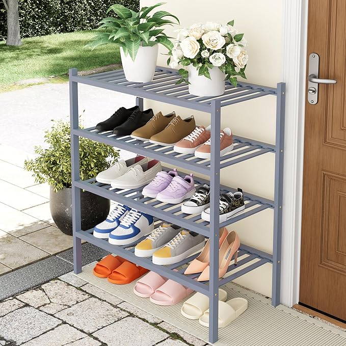 Smiry Shoe Rack, 4 Tier Thick Bamboo Shoe Organizer, Stackable Free Standing Wooden Shoe Storage Shelf for Closet, Entryway, 