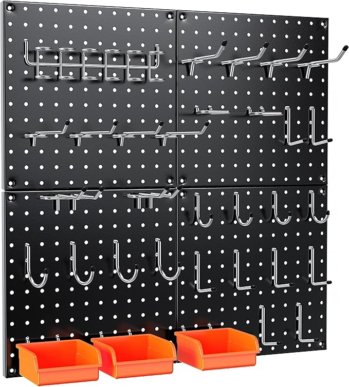 Peg Board, 68PCS Heavy Duty Metal Pegboard with Hooks, 4 Pack Black Peg Board Panels, 50lbs Load Capacity Each, Pegboard Wall